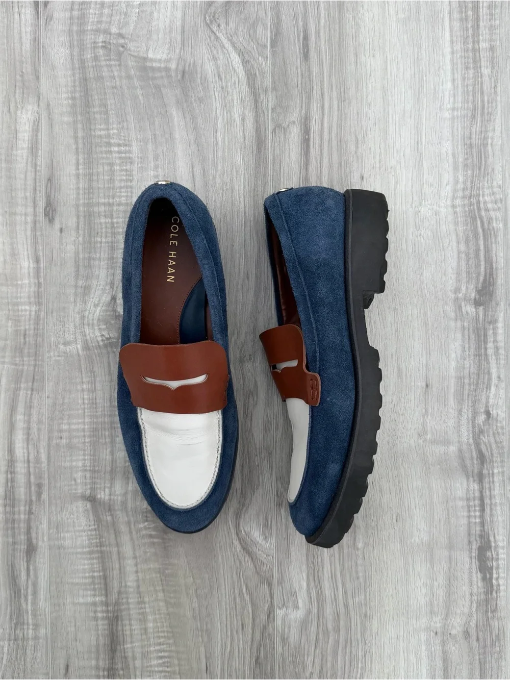 Cole Haan Blue Suede, White Leather & Brown Penny Loafers
